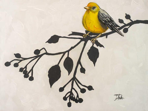 Yellow Bird On the Branch II White Modern Wood Framed Art Print with Double Matting by Pinto, Patricia
