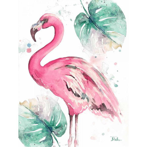 Watercolor Leaf Flamingo I Black Modern Wood Framed Art Print with Double Matting by Pinto, Patricia