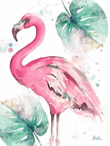Watercolor Leaf Flamingo I White Modern Wood Framed Art Print with Double Matting by Pinto, Patricia