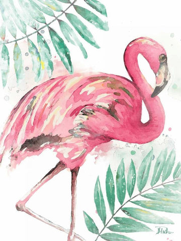 Watercolor Leaf Flamingo II White Modern Wood Framed Art Print with Double Matting by Pinto, Patricia