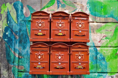 City Mail Boxes White Modern Wood Framed Art Print with Double Matting by James, Nola