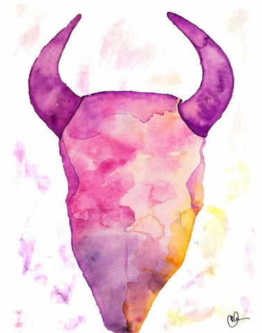 Water Color Skull White Modern Wood Framed Art Print with Double Matting by Papa, Kat