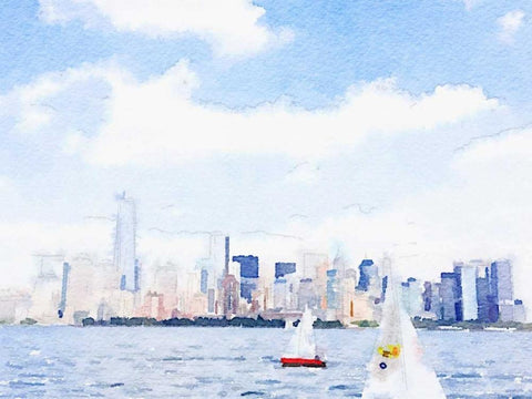 Watercolor NYC Skyline II White Modern Wood Framed Art Print with Double Matting by James, Nola