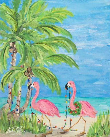 Flamingo Christmas II White Modern Wood Framed Art Print with Double Matting by DeRice, Julie