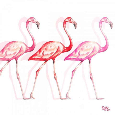 Flamingo Trio I White Modern Wood Framed Art Print with Double Matting by Hakimipour, Tiffany