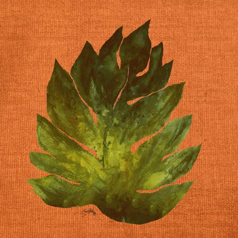 Leaf on Teal Burlap Black Ornate Wood Framed Art Print with Double Matting by Medley, Elizabeth