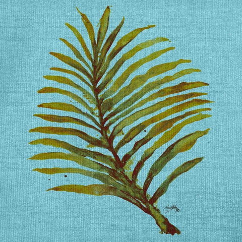 Leaf on Teal Burlap Black Ornate Wood Framed Art Print with Double Matting by Medley, Elizabeth