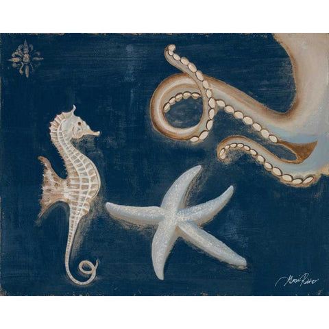 Coastal Life on Blue I Black Modern Wood Framed Art Print with Double Matting by Ritter, Gina