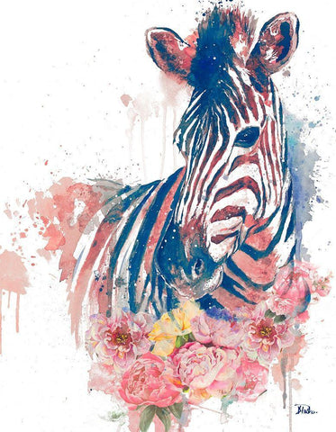 Floral Watercolor Zebra White Modern Wood Framed Art Print with Double Matting by Pinto, Patricia
