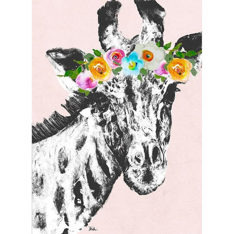 Flower Crown Giraffe Black Modern Wood Framed Art Print with Double Matting by Pinto, Patricia