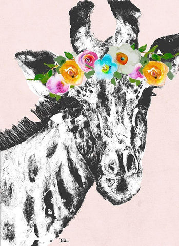 Flower Crown Giraffe White Modern Wood Framed Art Print with Double Matting by Pinto, Patricia