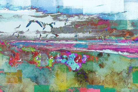 Beach Day Birds White Modern Wood Framed Art Print with Double Matting by Meneely, Dan