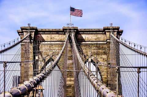 Brooklyn Bridge with Flag Black Ornate Wood Framed Art Print with Double Matting by Bill Carson Photography