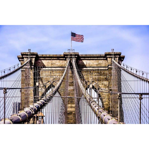 Brooklyn Bridge with Flag White Modern Wood Framed Art Print by Bill Carson Photography