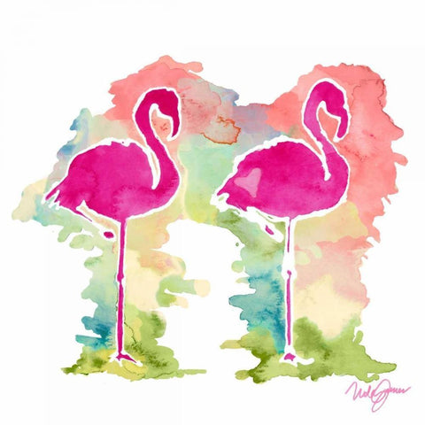 Sunset Flamingo Pair Gold Ornate Wood Framed Art Print with Double Matting by James, Nola