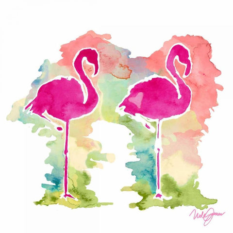 Sunset Flamingo Pair White Modern Wood Framed Art Print with Double Matting by James, Nola
