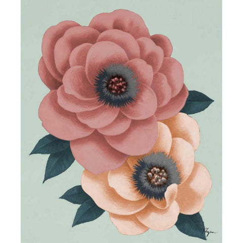 Pink Flowers on Mint I Black Modern Wood Framed Art Print with Double Matting by Rhyan, Vivien