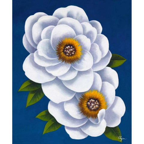 White Flowers on Blue I White Modern Wood Framed Art Print by Rhyan, Vivien