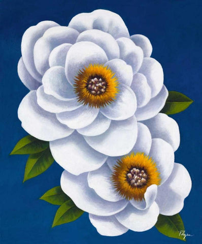 White Flowers on Blue I White Modern Wood Framed Art Print with Double Matting by Rhyan, Vivien