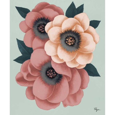 Pink Flowers on Mint I Black Modern Wood Framed Art Print with Double Matting by Rhyan, Vivien