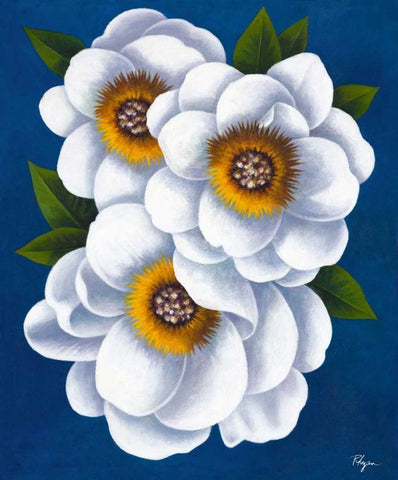 White Flowers on Blue II White Modern Wood Framed Art Print with Double Matting by Rhyan, Vivien