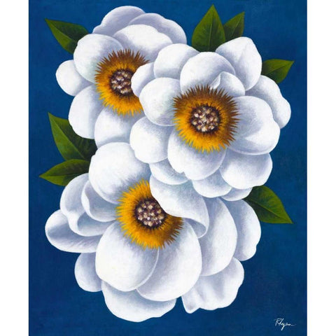 White Flowers on Blue II Black Modern Wood Framed Art Print by Rhyan, Vivien