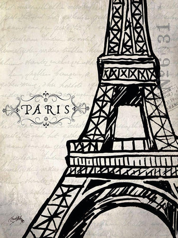 Paris Eiffel Black Ornate Wood Framed Art Print with Double Matting by Medley, Elizabeth