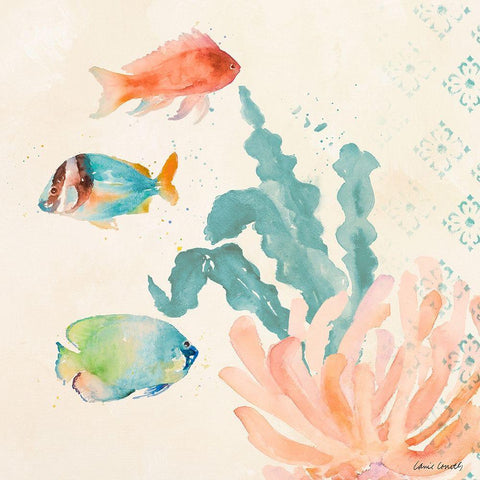 Tropical Teal Coral Medley I White Modern Wood Framed Art Print with Double Matting by Loreth, Lanie