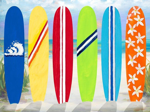 Surf Boards on the Beach White Modern Wood Framed Art Print with Double Matting by DeRice, Julie