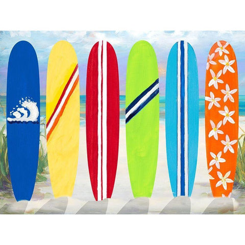 Surf Boards on the Beach Black Modern Wood Framed Art Print by DeRice, Julie