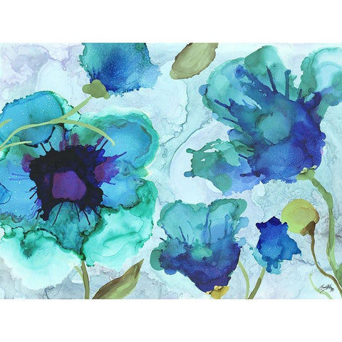 Aqua Poppies I Black Modern Wood Framed Art Print with Double Matting by Medley, Elizabeth