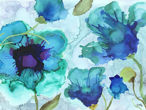 Aqua Poppies I Black Ornate Wood Framed Art Print with Double Matting by Medley, Elizabeth