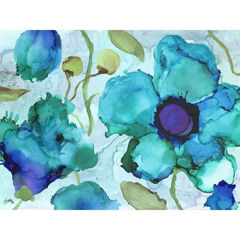 Aqua Poppies II Black Modern Wood Framed Art Print with Double Matting by Medley, Elizabeth