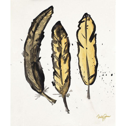 Golden Feathers I Black Modern Wood Framed Art Print with Double Matting by James, Nola