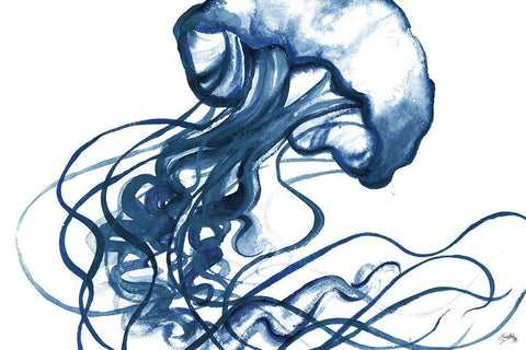 Jellyfish In The Blues White Modern Wood Framed Art Print with Double Matting by Medley, Elizabeth