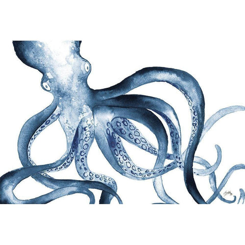 Octopus in the Blues White Modern Wood Framed Art Print by Medley, Elizabeth