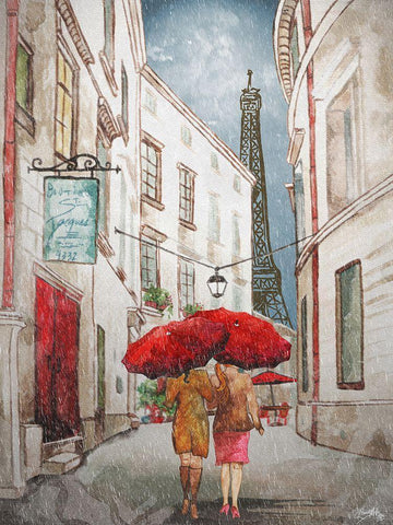 Red Umbrella II Black Ornate Wood Framed Art Print with Double Matting by Medley, Elizabeth