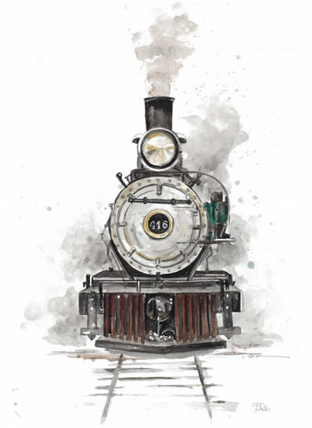 Antique Locomotive Black Ornate Wood Framed Art Print with Double Matting by Pinto, Patricia