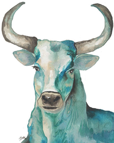 Teal Steer White Modern Wood Framed Art Print with Double Matting by Medley, Elizabeth