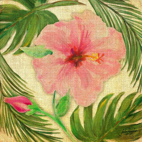 Tropical Hibiscus on Burlap White Modern Wood Framed Art Print by DeRice, Julie