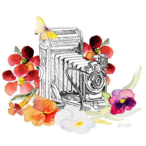 Camera Sketch on Fall Floral I White Modern Wood Framed Art Print with Double Matting by Loreth, Lanie