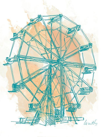 Teal Ferris Wheel I White Modern Wood Framed Art Print with Double Matting by Loreth, Lanie