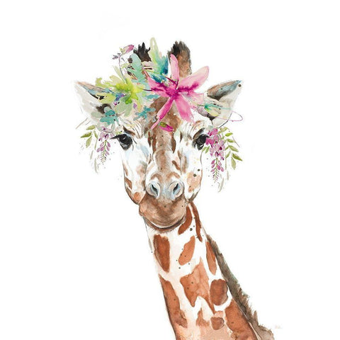 Giraffe With FLoral Crown Black Modern Wood Framed Art Print with Double Matting by Pinto, Patricia