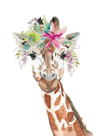 Giraffe With FLoral Crown White Modern Wood Framed Art Print with Double Matting by Pinto, Patricia