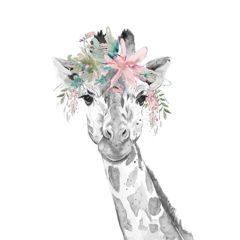 Water Giraffe with Floral Crown Square White Modern Wood Framed Art Print by Pinto, Patricia