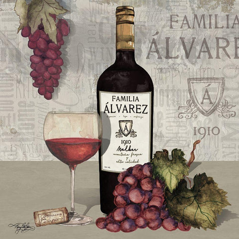 Uncork Wine and Grapes I White Modern Wood Framed Art Print with Double Matting by Baker, Mary Beth