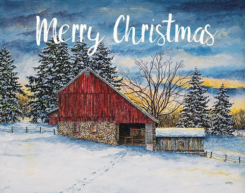Merry Christmas Barn White Modern Wood Framed Art Print with Double Matting by Redding, James