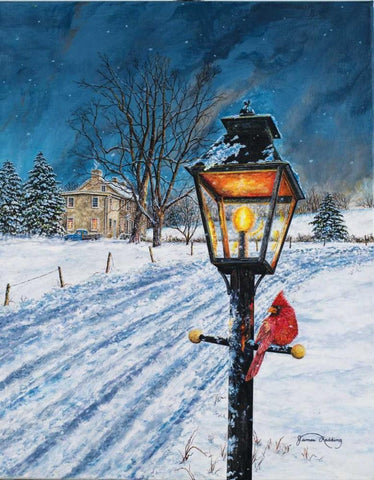 Winterberry Lamppost White Modern Wood Framed Art Print with Double Matting by Redding, James