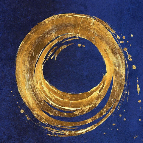 Gold Circle on Blue Black Modern Wood Framed Art Print with Double Matting by Pinto, Patricia