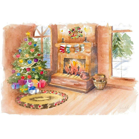 Santas Fireplace and Tree Scene Gold Ornate Wood Framed Art Print with Double Matting by Loreth, Lanie